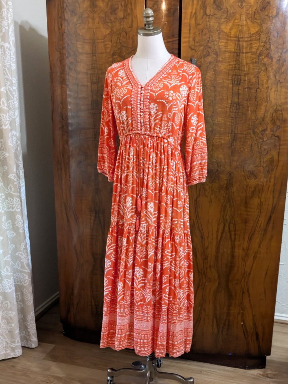BIBA Orange Boho Floral Block Print Tiered Maxi Prairie Dress Size 2 /EU 34 - Picture 3 of 8